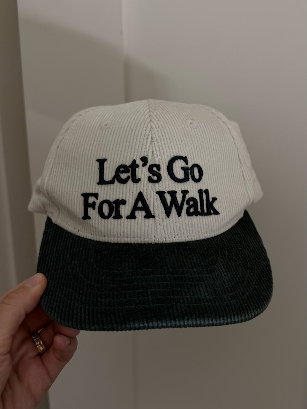 Yellow the Label Embroidered 'Let's Go For A Walk' Two-Tone Corduroy Cap